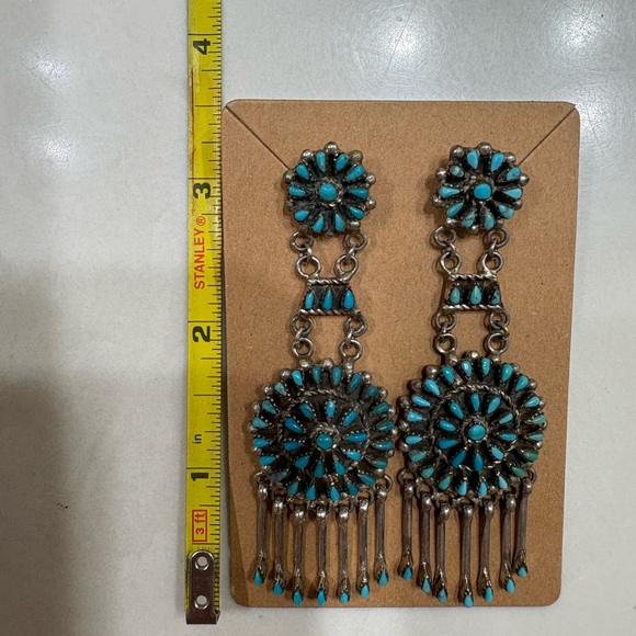 Vintage Native American Silver & Turquoise Double Drop Fringe Earrings - Picture 5 of 9